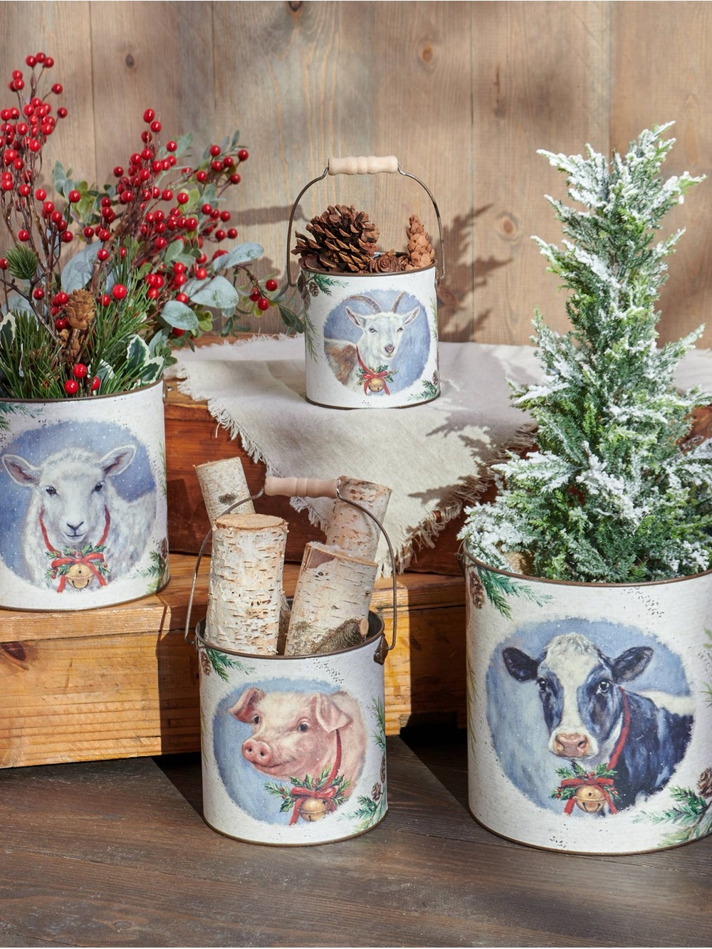 Primitives by Kathy Festive Farm Christmas Bucket Set of 4